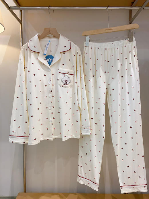 松植屋女款莱卡棉带胸垫长袖睡衣套装可外穿家居服 商品图4