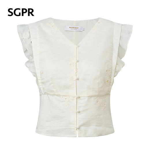 【SGPR】奶油白色V领衬衫2026年夏季飞飞袖收腰上衣镂空绣花衬衣(货号:MU80TP010) 商品图4