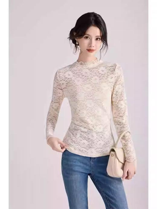 轻奢简约~亲肤蕾丝立领长袖打底衫女2026春季新款设计感百搭上衣 商品图0