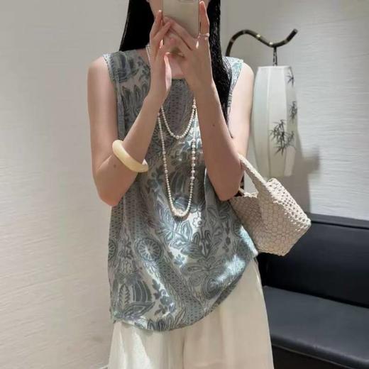 蓝田生烟~100%真丝丝绒圆领宽松无袖背心女休闲气质马甲 商品图1