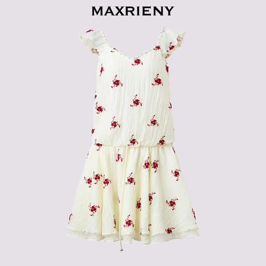 【曾宥臻同款】MAXRIENY精致优雅红花绣花连衣裙飞飞袖短款收腰裙(货号:MC86DR272) 商品图4