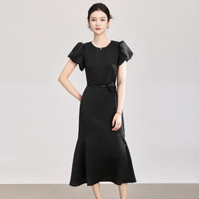 「高货wl」全新升级【铂金会员367/天猫489/差价122】(21403)洛诗琳2026新款气质泡泡袖山茶花腰带鱼尾摆修身连衣裙女