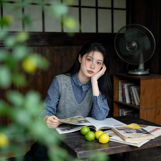 气质文艺！2026客供60支纯棉亲肤透气花边立领单排扣细格纹衬衫！ 商品图1