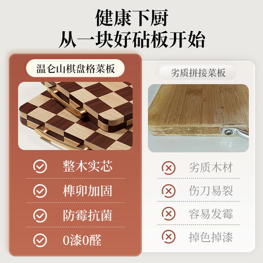 【温仑山棋盘格菜板】  双层双面加厚耐砍无屑 原生木种自带抗菌性檀香醇 悬挂收纳不易发霉 商品图2