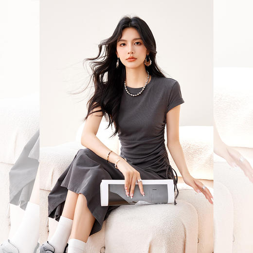 西遇韩系灰色抽绳短袖长裙女2026夏季新款显瘦收腰褶皱针织连衣裙SS060265 商品图2