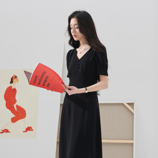 【醋酸】三彩2026夏季新款法式小黑裙连衣裙收腰A字裙中长裙S 商品图2