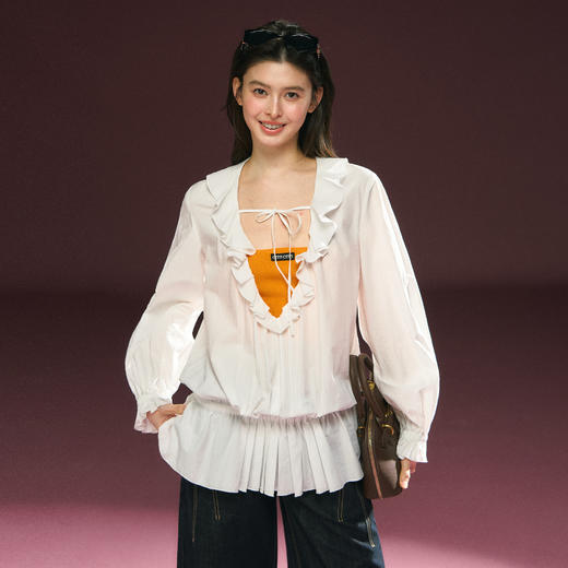 Ariseism 美式复古设计感白色木耳边罩衫上衣女春季新款 商品图2