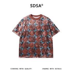 SDSA男装2026新款轻奢潮牌植绒棋盘格圆饼设计圆领短袖T恤百搭