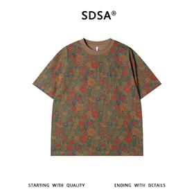 SDSA男装2026新款高贵轻奢个性百搭撞色满印植物花卉圆领短袖T恤