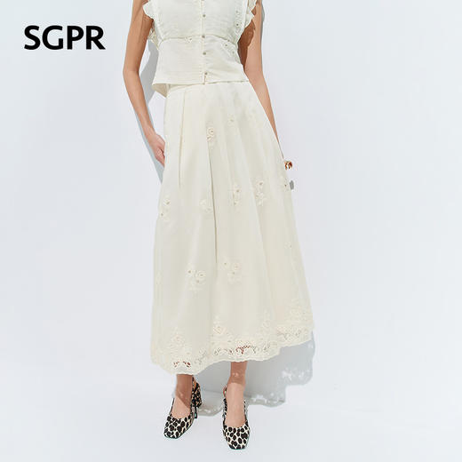 【SGPR】奶油白色半身裙2026年夏季新款高腰压褶半裙镂空蕾丝长裙(货号:MU80SK016) 商品图0
