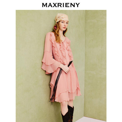 【商场同款】MAXRIENY温柔浪漫荷叶边连衣裙25夏复古法式长袖中裙(货号:MC86DR088) 商品图2