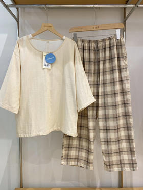 松植屋女款圆领七分袖九分裤纯棉纱布睡衣套装