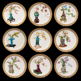 独角鹿西洋古董1880年代英国顶级陶瓷品牌明顿Mintons出品东方瓶花主题鎏金彩绘陶瓷赏盘九件套