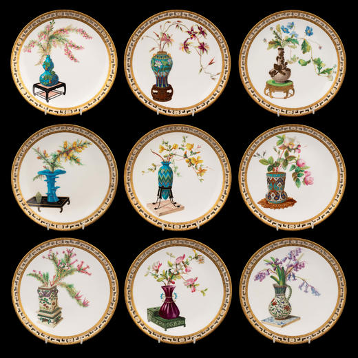 独角鹿西洋古董1880年代英国顶级陶瓷品牌明顿Mintons出品东方瓶花主题鎏金彩绘陶瓷赏盘九件套 商品图0