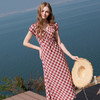 三彩2026夏季新款格纹连衣裙短袖V领A字裙长裙法式浪漫M 商品缩略图2