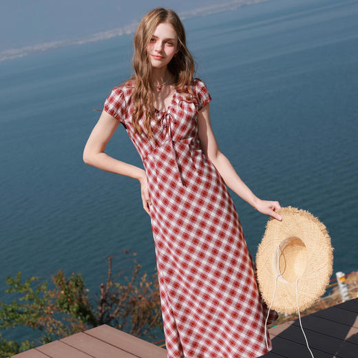 三彩2026夏季新款格纹连衣裙短袖V领A字裙长裙法式浪漫M 商品图2