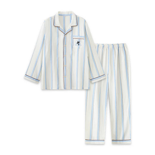 全棉双层纱~情侣款纯棉蓝白条纹睡衣女 野兽风格休闲家居服可外穿长袖全棉套装 商品图4
