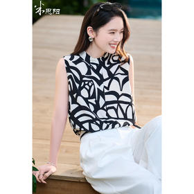 米思阳2026夏季新款轻奢高级感黑白印花背心女夏季无袖衬衫小衫百搭上衣女1043