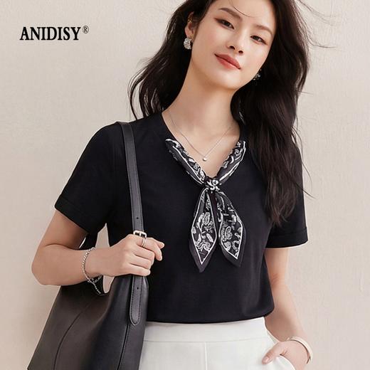 时尚丝巾V领短袖修身收腰T恤 商品图1