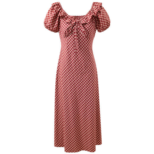 三彩2026夏季新款格纹连衣裙短袖法式A字裙中长裙浪漫M 商品图4