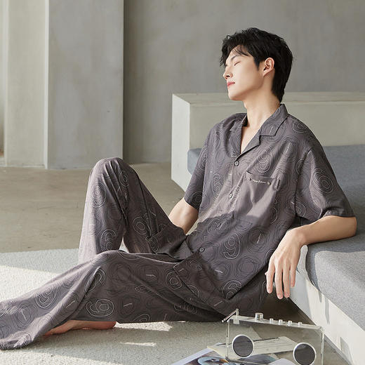 夏季莫代尔短袖男士睡衣长裤可外穿翻领家居服舒爽开衫套装新款   JL-5537 商品图0