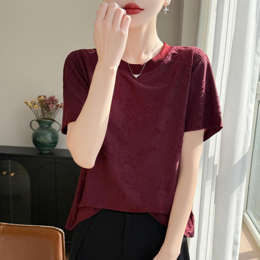 百媚生 复古国风提花套头短袖T恤针织打底上衣YT-A303 商品图2
