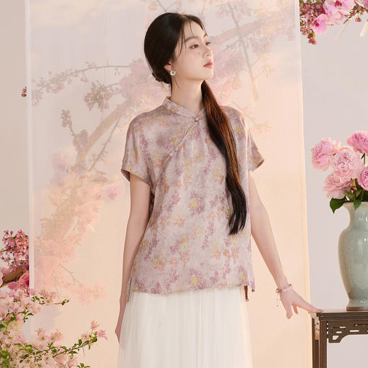 三彩【雨霁山樱】2026夏季新款新中式小衫提花短袖上衣C 商品图1