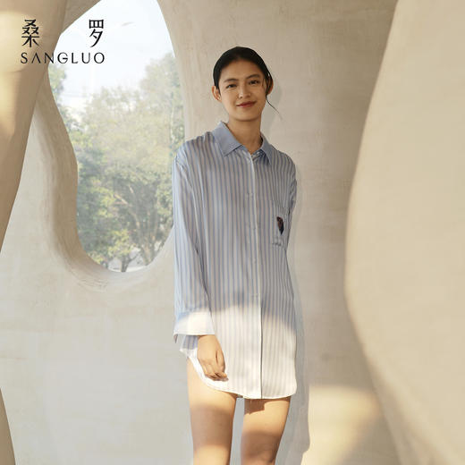 桑罗萌趣旺旺条纹印花衬衫裙桑蚕丝女长袖家居服度假小狗可外穿 商品图3