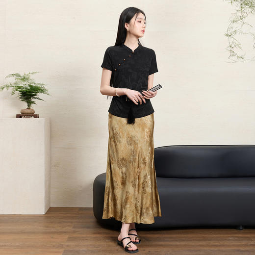 三彩【墨韵芳华】2026夏季新款新中式T恤提花立领短袖修身套头C 商品图1