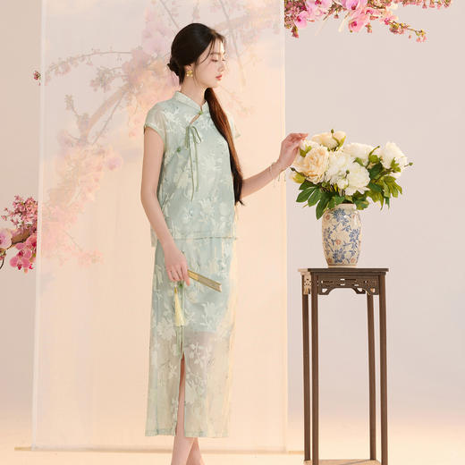三彩【素锦流年】2026夏季新款新中式套装烧花小衫上衣半身裙C 商品图1