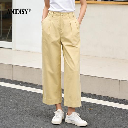 水洗棉高腰拉链脚口翻边九分直筒阔腿裤 商品图0