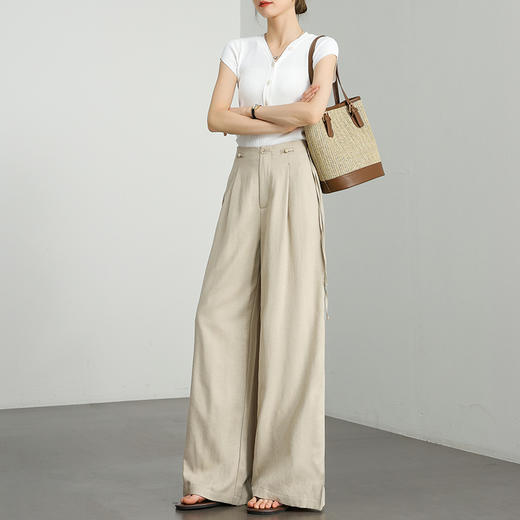 【舒适亚麻】慵懒感随性阔腿裤女夏季复古设计感串珠长裤LXD50759 商品图1