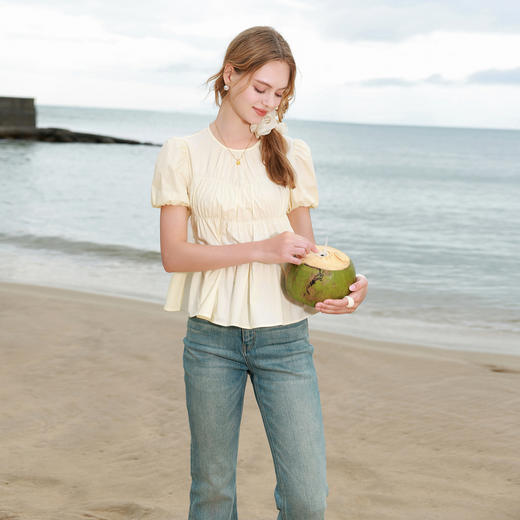 【100棉】三彩2026夏季新款圆领泡泡袖小衫宽松娃娃衫衬衣气质M 商品图1