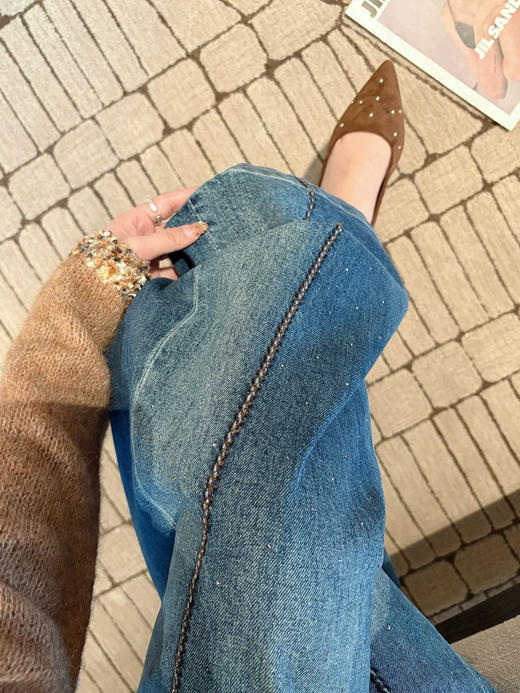 欧货立体拼接麦穗烫钻满天星阔腿牛仔裤 商品图2
