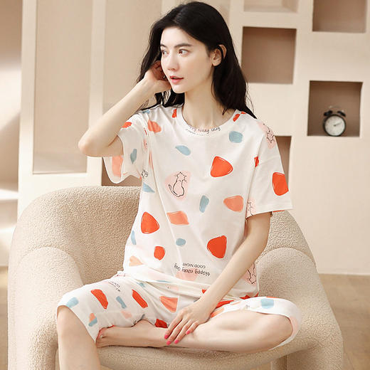 夏季新品纯棉睡衣女短袖七分裤两件套装薄款休闲少女带胸垫家居服   JL-YS311 商品图1