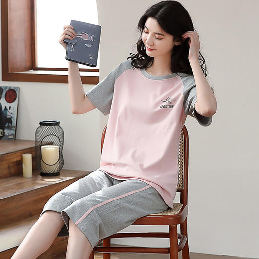夏季睡衣女士纯棉短袖薄款运动休闲家居服可外穿七分裤带胸垫套装   JL-YS302 商品图1