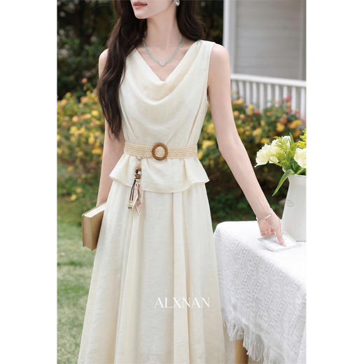 鹿向南「海岛风铃」夏季新款韩系荡领杏色连衣裙女法式假两件裙子 商品图3