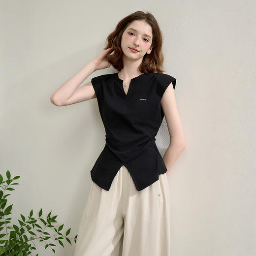 【限时秒杀】优雅气质通勤风小V领开叉T恤女夏季抽褶收腰背心上衣LXD50652 商品图3