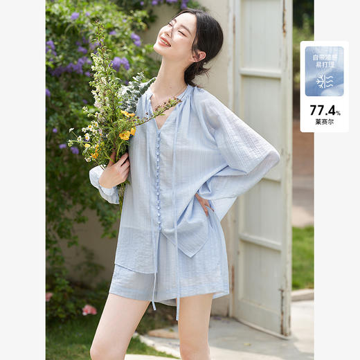 【清爽天丝】慵懒随性套装女夏季泡泡袖衬衫搭短裤两件套LXD50924 商品图0