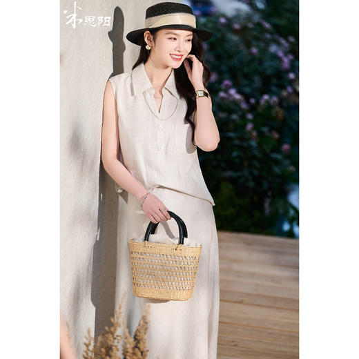 老钱风天丝亚麻套装 米思阳2026夏新品高级感优雅无袖衬衫半身裙两件套女时尚套装6135 商品图0