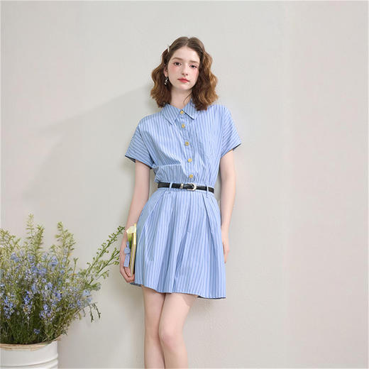 复古英伦风条纹文艺感翻领衬衫裙女春季学院风短裙连衣裙LXD50958 商品图2