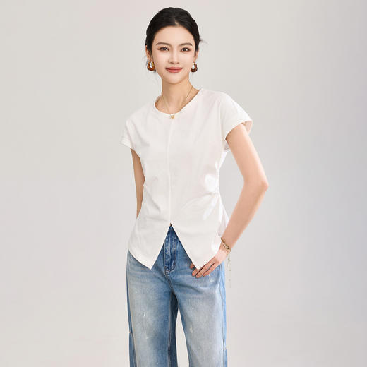 「高货wl」全新升级【铂金会员146/天猫199/差价53】(05157)洛诗琳针织棉收腰显瘦T恤2026设计感抽褶小飞袖短袖上衣 商品图0