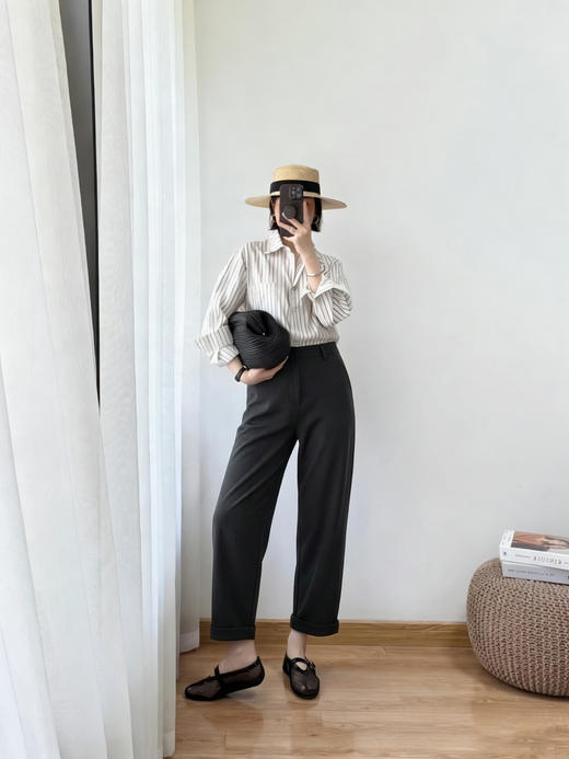 专柜实拍【遮胯显瘦通勤】拉夏贝尔/La Chapelle绵羊毛+莱赛尔！高腰单扣裤袢卷边设计西裤休闲哈伦裤 商品图9