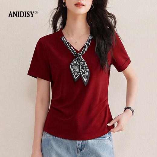 时尚丝巾V领短袖修身收腰T恤 商品图3