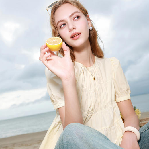 【100棉】三彩2026夏季新款圆领泡泡袖小衫宽松娃娃衫衬衣气质M 商品图2