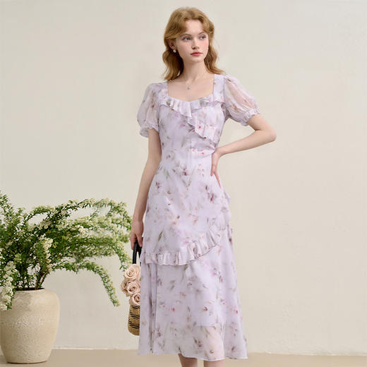 法式浪漫多层荷叶边泡泡袖碎花裙女夏季桃心领连衣裙LXD50830 商品图1