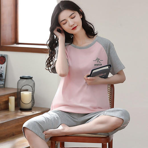 夏季睡衣女士纯棉短袖薄款运动休闲家居服可外穿七分裤带胸垫套装   JL-YS302 商品图0