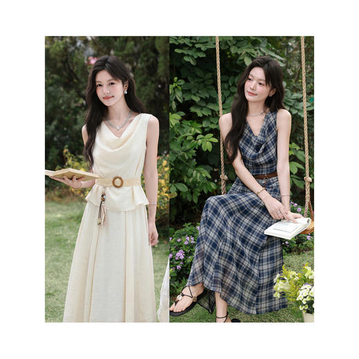 鹿向南「海岛风铃」夏季新款韩系荡领杏色连衣裙女法式假两件裙子 商品图2