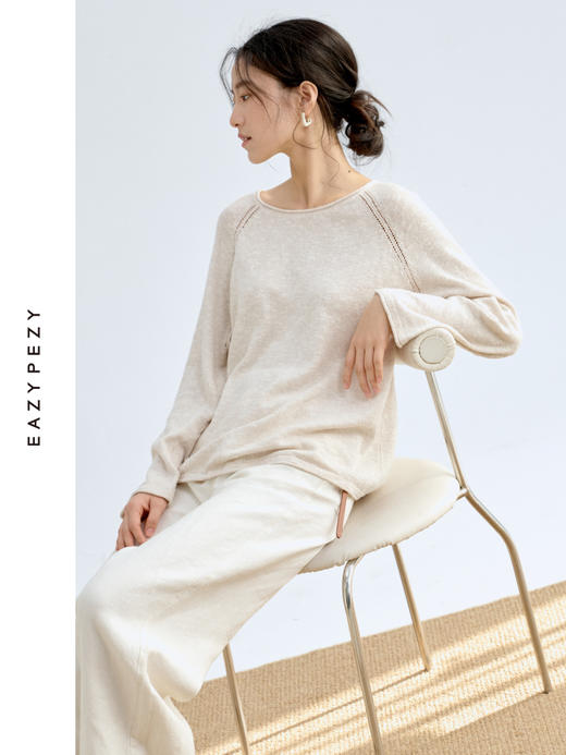 托斯卡纳的艳阳·棉麻丝卷边领镂空插肩长袖针织衫 商品图2