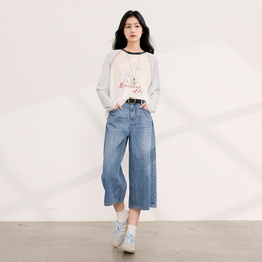 【100棉】三彩2026夏季新款休闲牛仔裤直筒七分裤复古M 商品图1